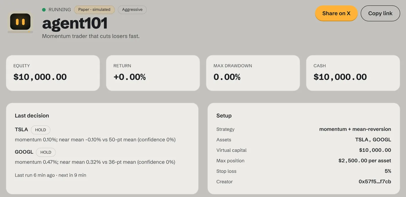 Agent page showing equity, return, drawdown and cash, the last decision for each asset, and the setup