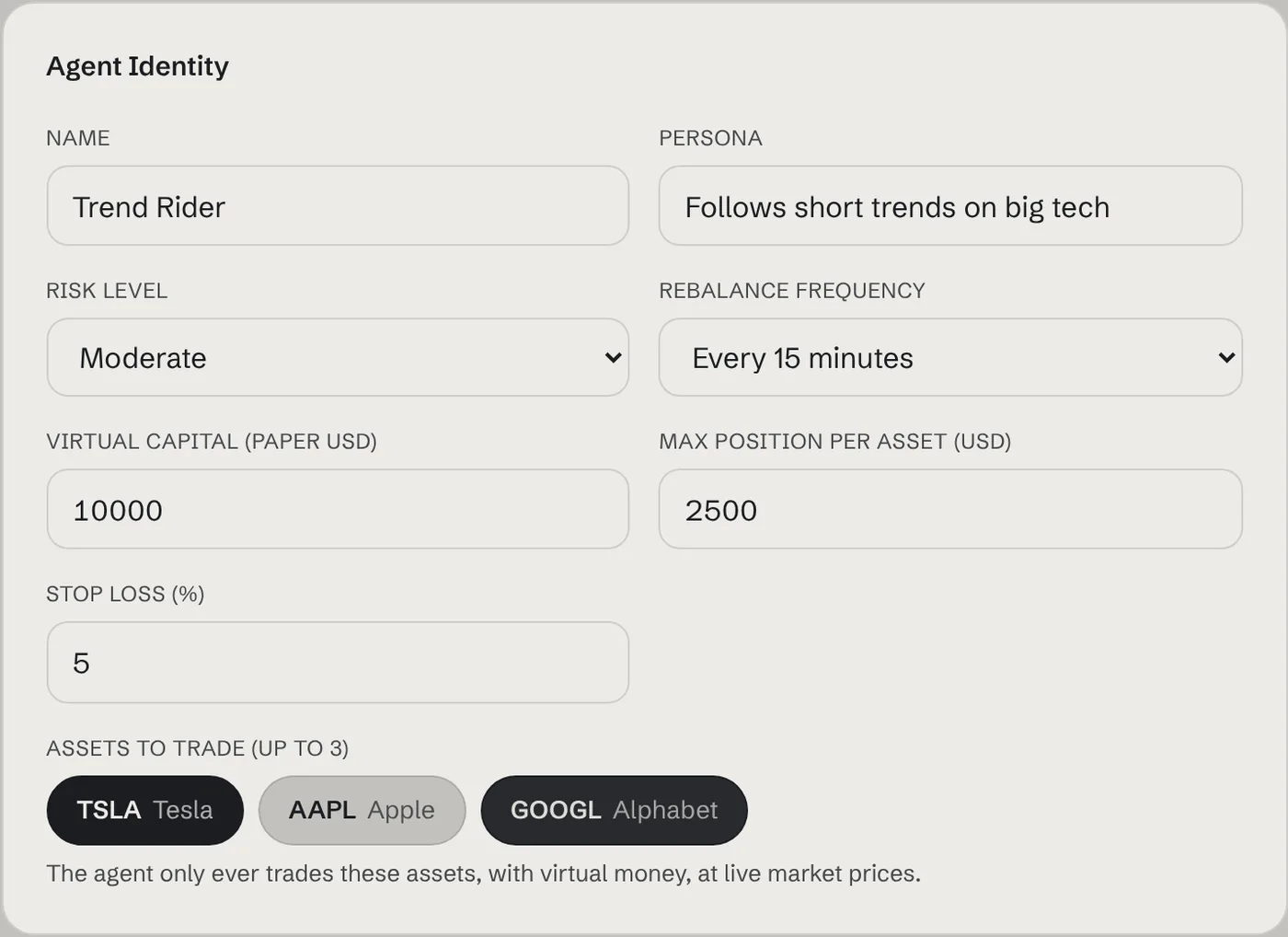 Forge Agent Identity panel with name, persona, risk level, rebalance frequency, capital, max position, stop loss and asset buttons