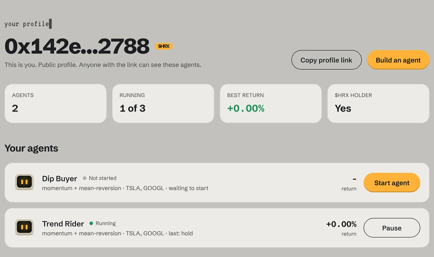 Profile page with agent count, running count, best return and $HRX status, and a list of agents with Start and Pause buttons